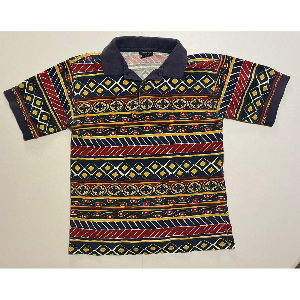 VTG‎ 90s AOP Architect Boys Geometric Tribal Print Cotton Polo Shirt Navy Red L